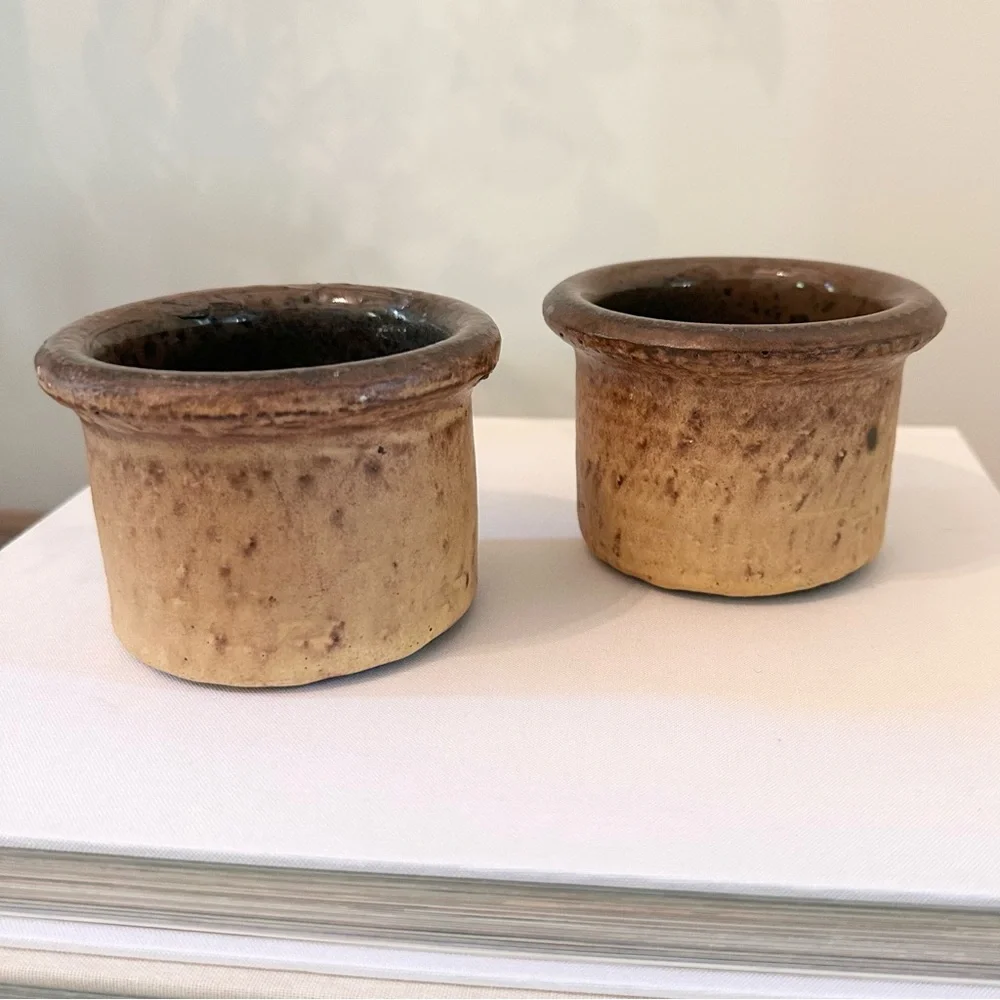 Handmade Ceramic Stoneware Pottery Bowls Votive Planter Set of 2 Brown Tan